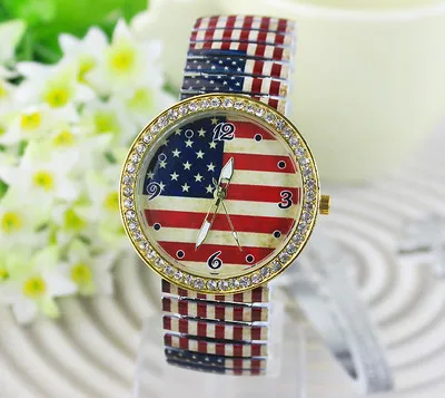 Женские кварцевые часы с флагом США эластичным ремешком и стразами|Женские