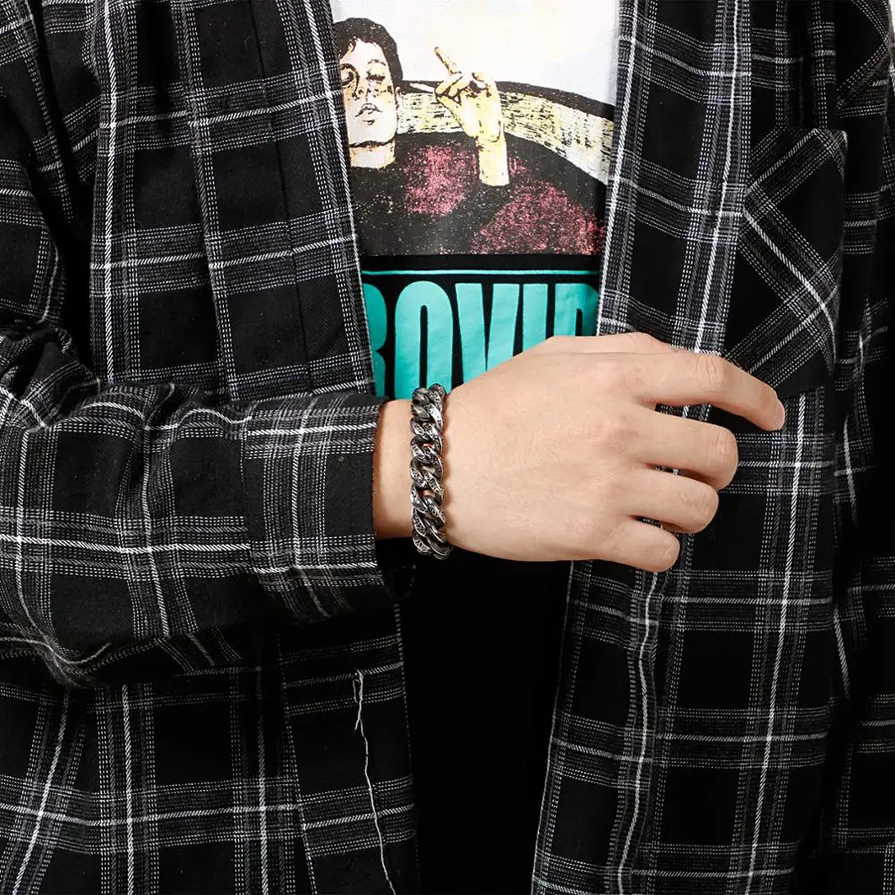 Мужской серебряный браслет 13 мм с узором листьев из нержавеющей стали 316