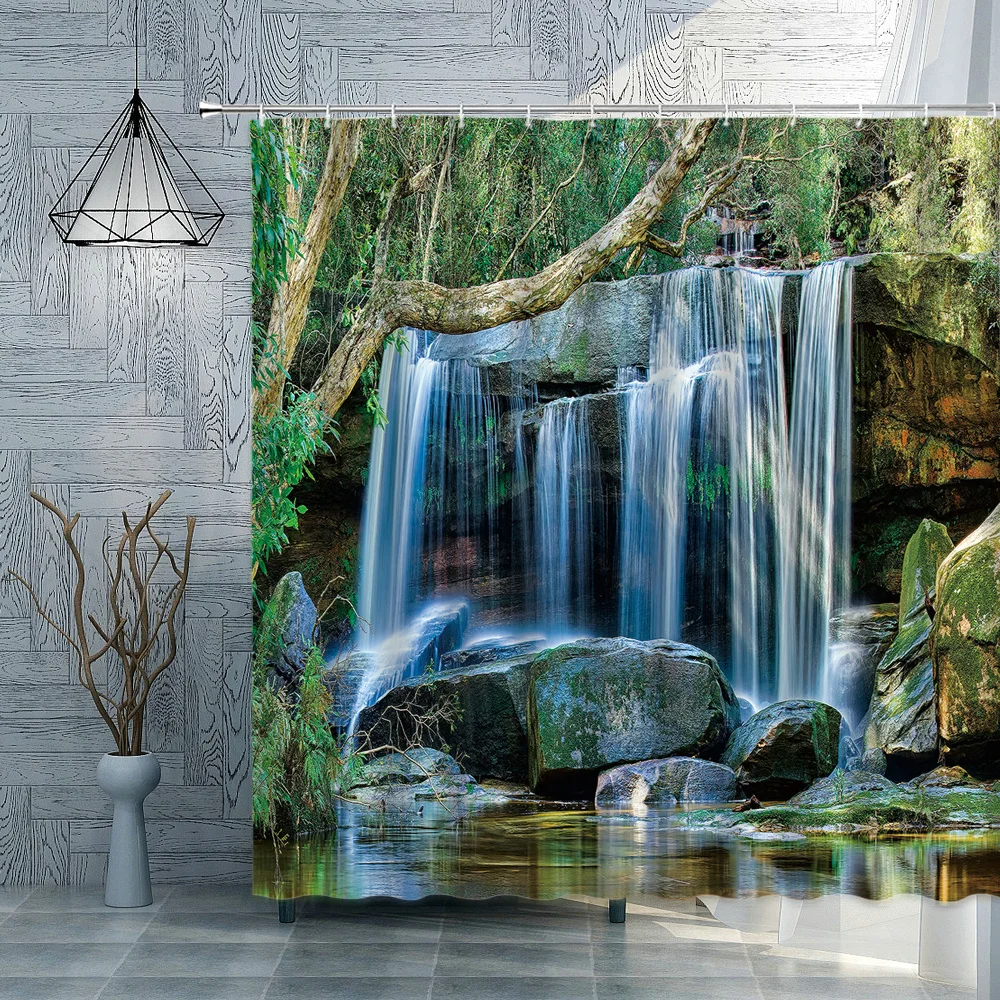 

Waterfall Scenery Shower Curtain Natural Landscape Green Plant Bathroom Curtains Waterproof Polyester Fabric Wall Decoration