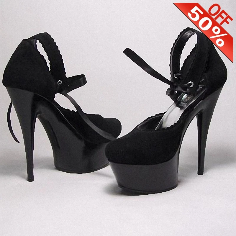 

Mature Classics Big Size 12 Flock Riband Ankle Strap Pumps 15cm Thin Heels Platform 6 inch Round Heels Female Work Shoes Models