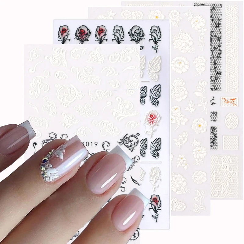 

5D Embossed Lace Nail Stickers Engraved Flowers Letter Self Adhesive Decals Acrylic Sliders Foils Nail Art Decorations 1PCS