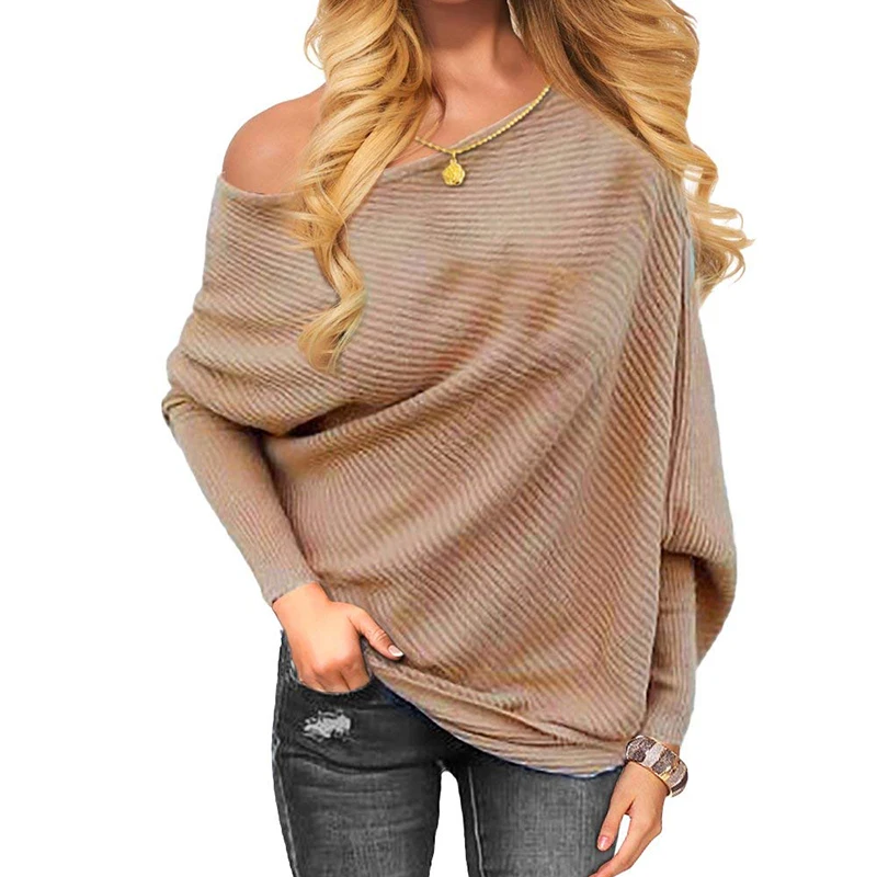2020 New Sweater Women Sexy Off Batwing Sleeve Pullovers 3XL Harajuku Casual Loose Solid Long Knitted Khaki | Женская одежда