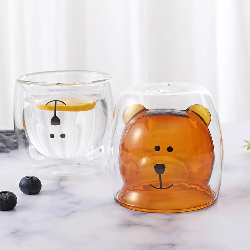 

Cute Bear Lead-free Double Wall Handmade Glass Heat Resistant Milk Juice Drink Cup Insulated Clear Glass Tea Coffee Drinkware