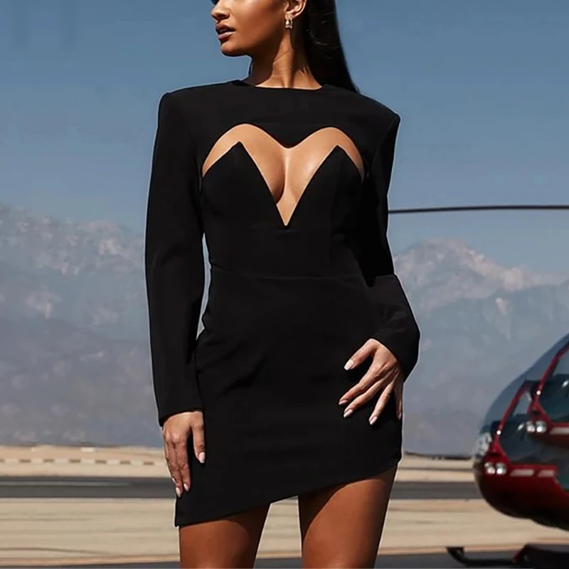 

Elegant Long Sleeve 2021 Spring Cut Out Mini Dress Outfits for Women Sexy Club Party Black Dresses Bodycon Clothes