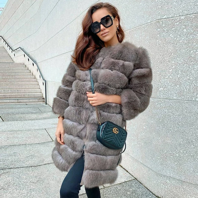 BFFUR Woman Real Fox Fur Coat 90cm Long Thick Warm Genuine Blue Fox Fur Jackets Whole Skin Natural Women Fur Overcoats Luxury enlarge