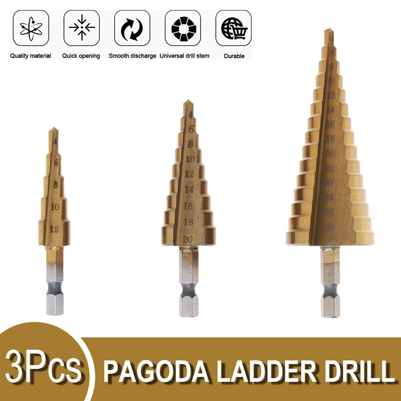 

3pcs HSS Pagoda Stepped Center Drill Head Bits 4-78mm Diameter with Hexagonal Handle Straight Groove for Electric Metal Drilling