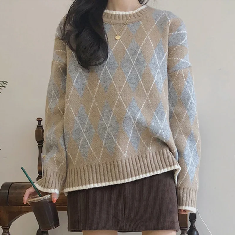 Женский свитер осень-зима 2019 Модный повседневный свободный в клетку с круглым
