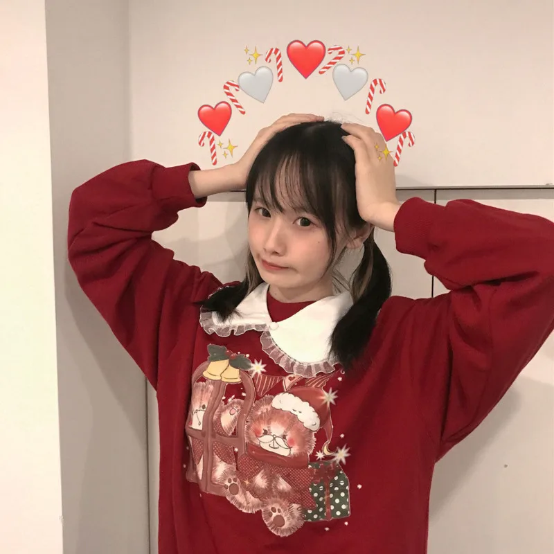Japanese Sweet Christmas Bear Hoodies Women Cute Retro Pullover Blouse Ins College Style Jk Uniform Bowknot Harajuku Sweatshirt