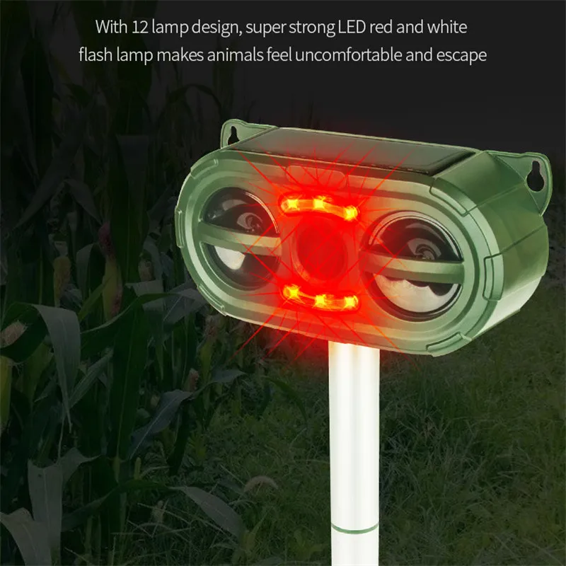 

Solar Powered Motion Activated Animal Ultrasonic Cats Dog Repeller Frighten Animals For Outdoor Gardening Pest Sonar Repellents