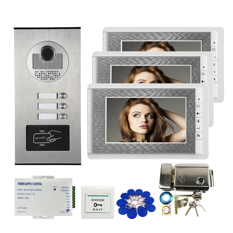 

Видеодомофон с экраном, дверной звонок, система внутренней связи + RFID-камера доступа для 4/3/4 семейных квартир, электрический замок