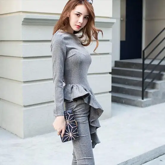 2 Pieces Set 2019 Autumn Office Gray Suits For Women Long Sleeve Ruffles Tops and Nine Pants Suit Vestidos Work Wear Sets AF444 | Женская