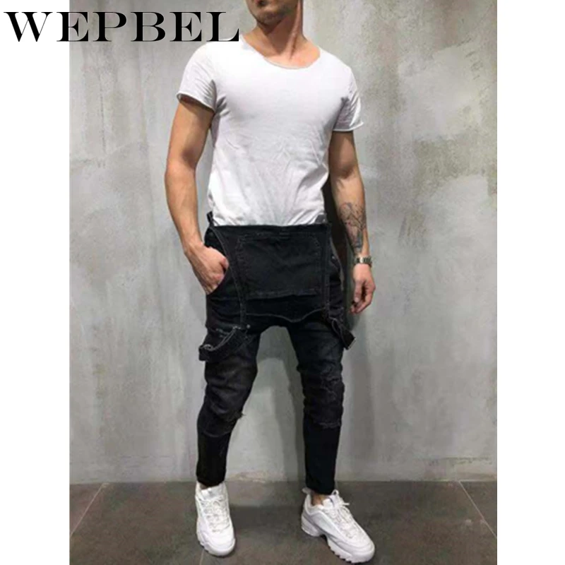 

WEPBEL Men's Ripped Jeans Jumpsuits Distressed Denim Bib Overalls for Men Suspender Denim Pants Vintage Hole Jeans