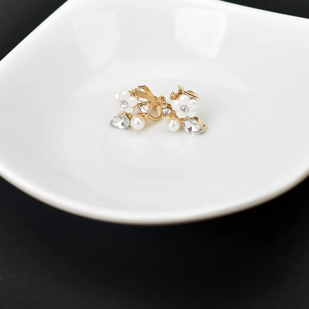 Korean Flower Clip Earrings Without Piercing Gold color Simulated Crystal Ear Cuff Earring Non Pierced Floral Jewelry pendientes | Украшения