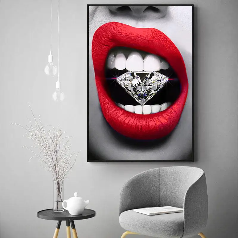 

Sexy Beauty Red Lip with Diamond Canvas Painting Posters and Prints Cuadros Wall Art for Living Room Home Decor (No Frame)