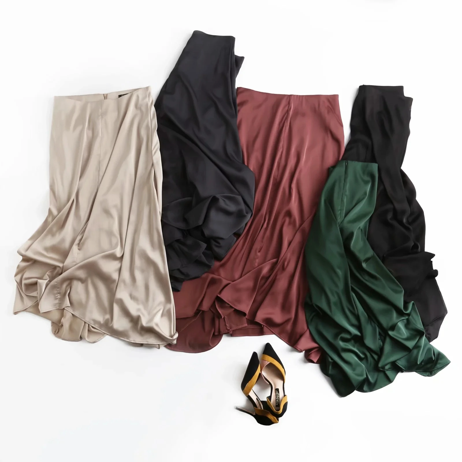 

Enlgand Style Office Lady Elgant Satin High Waist Solid Skirt Women Faldas Mujer Moda 2021 Fashion Midi Skirts Womens