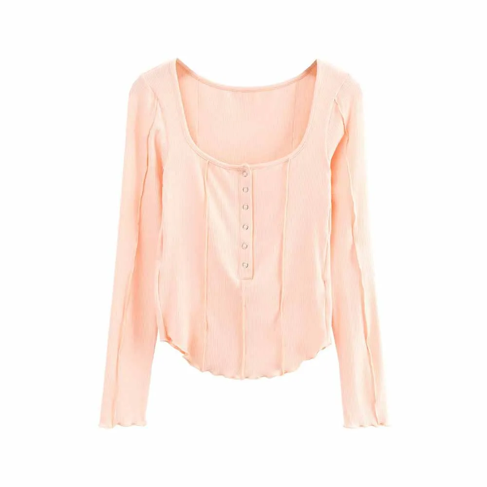 

Ins Style Square Collar Long Sleeve Skinny Ladies T Shirts Single Breasted Ruffles Patchwork Tee For Women Sexy Party Clothes