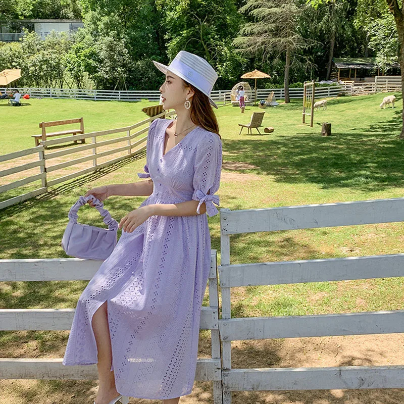 

One-Piece 2020 New Dress Hollow Out Sexy Bow Summer Mid-Calf Dress Puff Sleeves Elegant Dress Women Vacation Beach Sexy Dresses