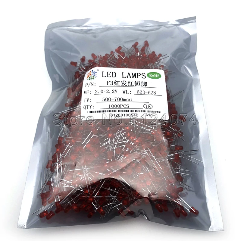 1000 шт./лот 3 мм/F3 красный светоизлучающий диод светодиодная лампа круглая головка