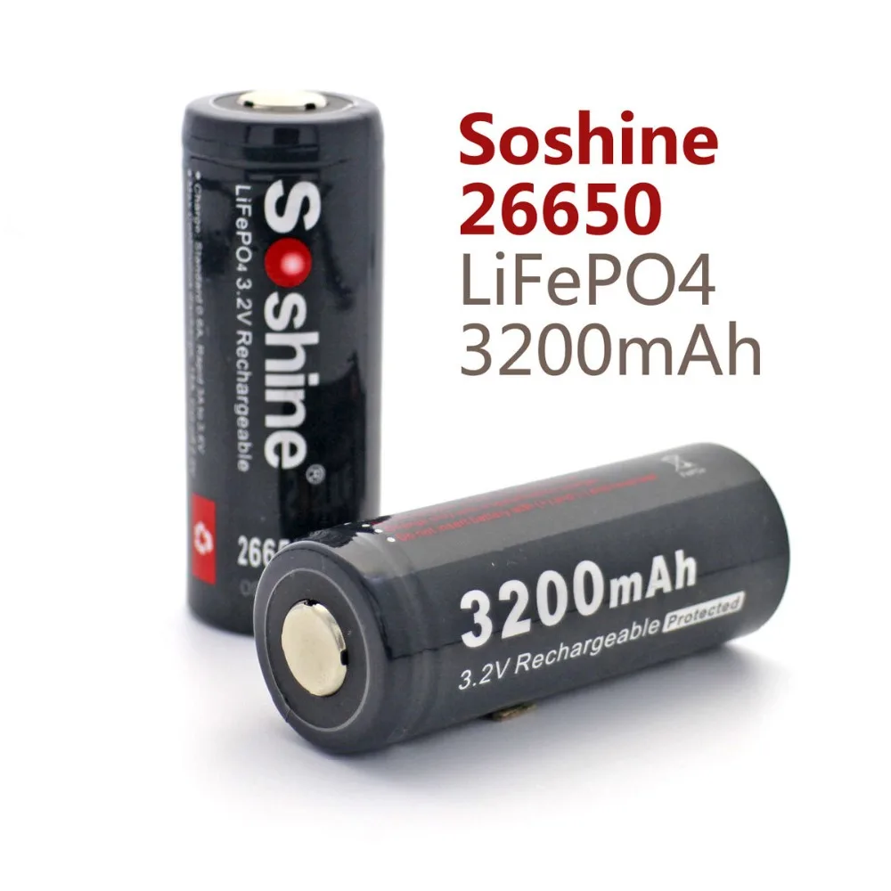 1 пара Soshine LifePO4 26650 3,2 V 3200mAh защищенные аккумуляторные батареи
