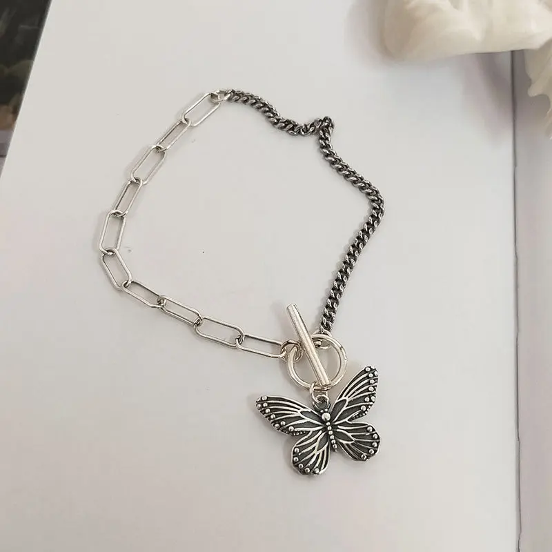 

OMHXZJ Wholesale HB151 European Fashion Woman Girl Birthday Party Gift Vintage Butterfly Charm 100% 925 Sterling Silver Bracelet