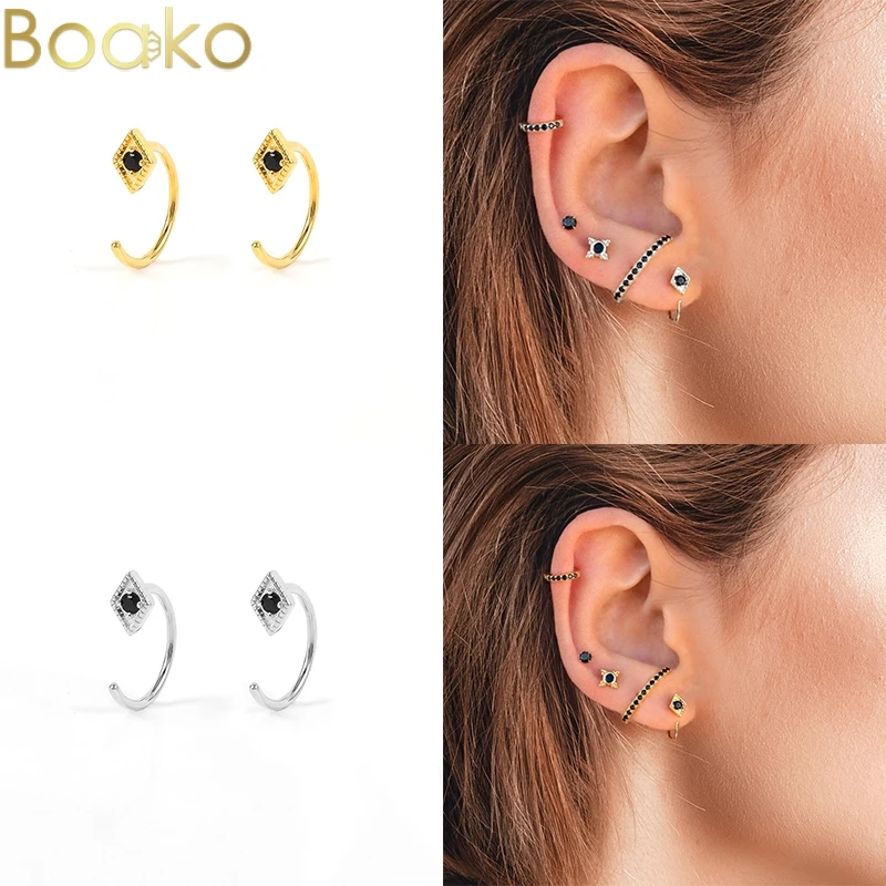 

BOAKO 925 Sterling Silver Earrings C-shape Crystal Zircon Stud Earrings for Women Party Gifts Ear Hook Nose Ring Fashion Jewelry