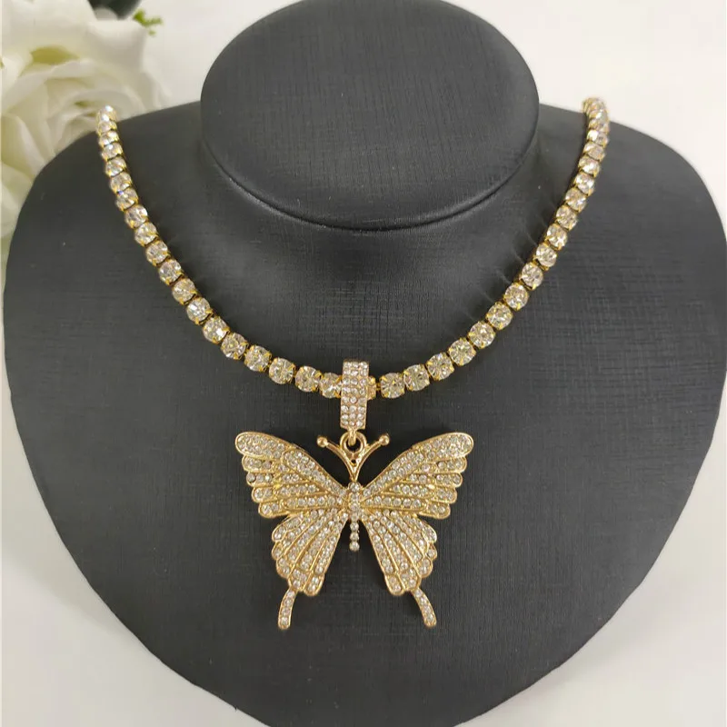 

Women Butterfly Tennis Chocker Necklace Rhinestone Hip Hop Goth Animal Pendant Cuban Chain Collares Jewellery Gold Silver Color