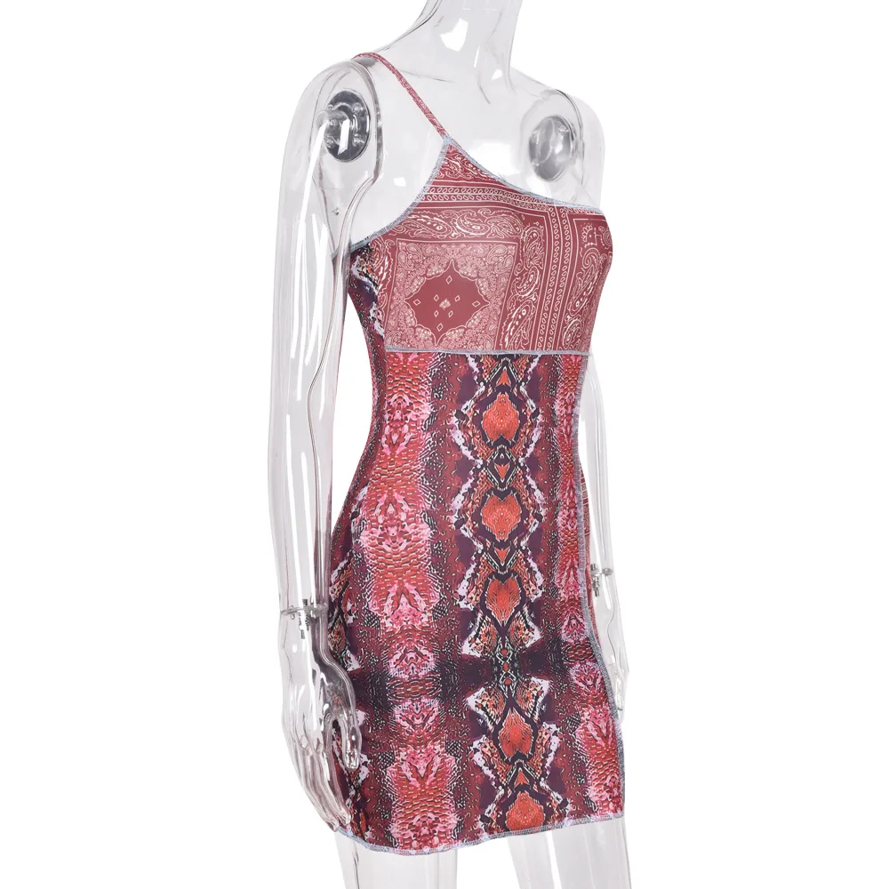

SOINCRE 2021 Summer New Product Sexy One-shoulder Sling Halter Irregular Printing Contrast Color Lace Elastic Waist Dress Women