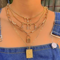 flatfoosie multilayer crystal letter pendant necklaces for women golden metal link chain lock butterfly choker necklace jewelry