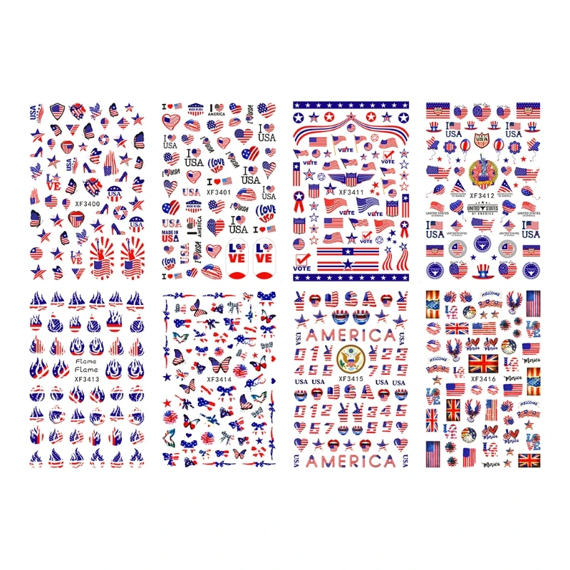 

X7JA 8Pcs/set Cute National Day DIY Manicure Decals Flag Nail Stickers American Independence Day