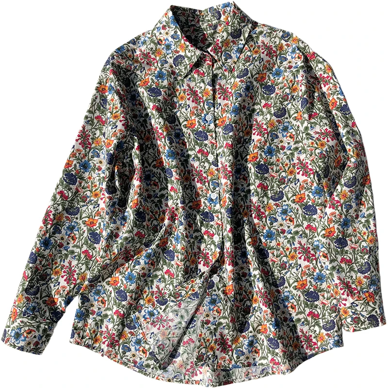 

100% Cotton Brand Fashion Women High Luxury Spring Autumn Vintage Flower Printed Loose Bat Sleeve Shirt Blouse