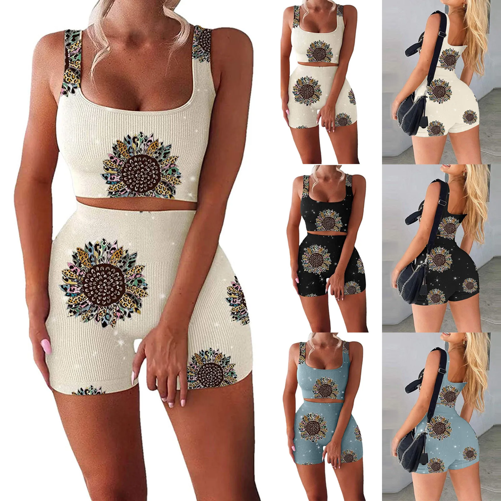 

Women Sleeveless Seamless Ribbed Crop Tank High Waist Shorts Printing Yoga Sets leggings sport women fitness ropa deportiva muj