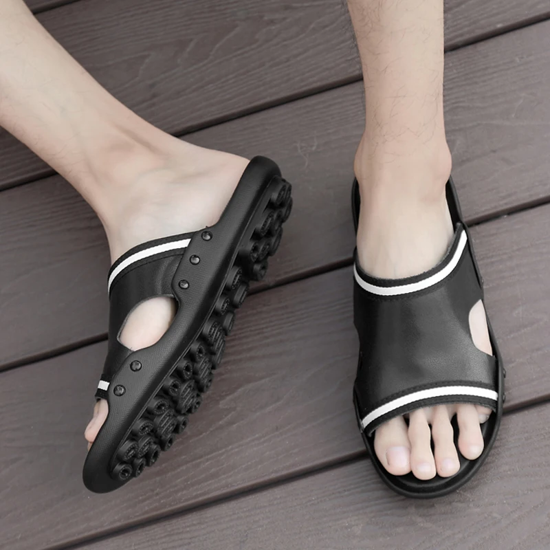 Мужские кожаные шлепанцы повседневная Уличная обувь плоская подошва пляжные