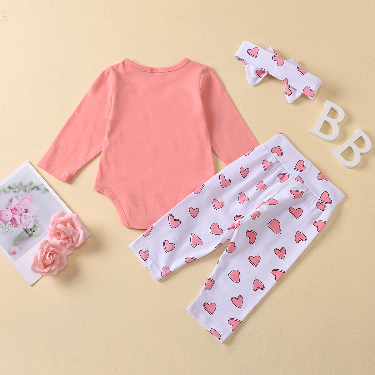 

Toddler Girl 0-18M Long Sleeve Romper + Love Printed Trousers + Bow Headdress High Elastic Waist Spring Clothing