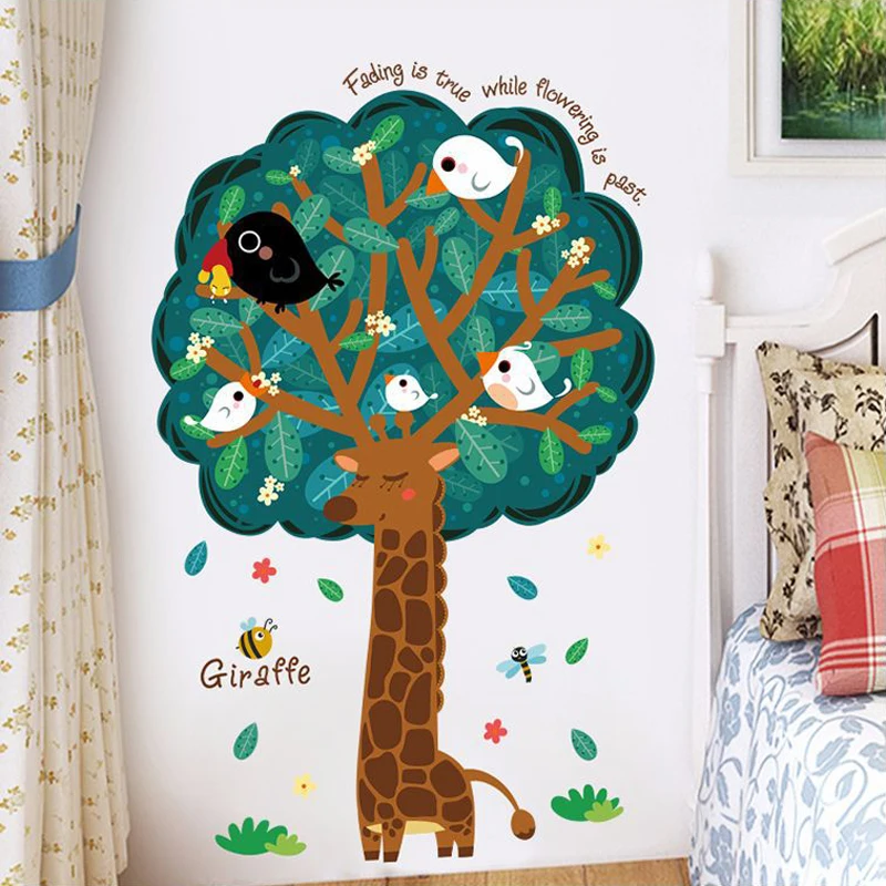 Creative Giraffe Tree Wall Stickers Cute Birds Kids Room Decoration Vinyl Removable Cartoon Mural Decals Self Adhesive Posters | Дом и сад