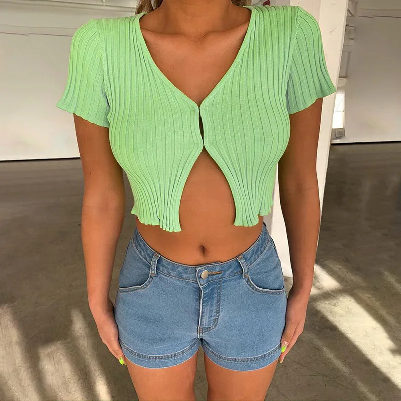 

New Casual Fashion Slim Women Fashion Sexy Cardigan Short-Sleeved V-Neck Slim-Fit T-Shirt Blouse