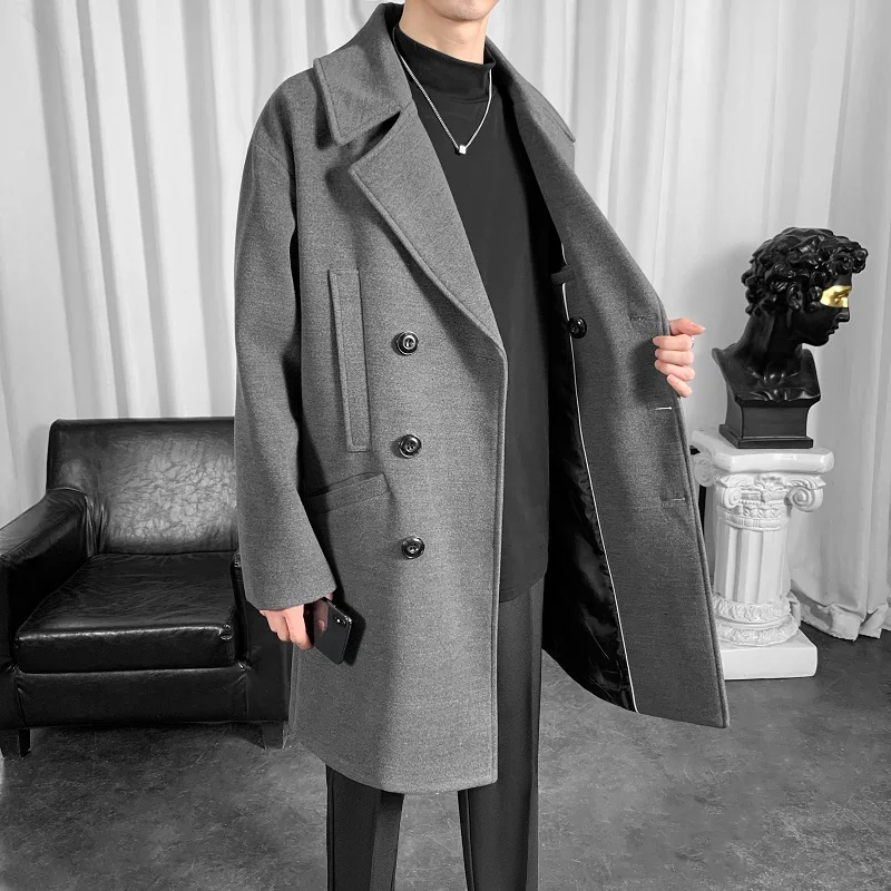 Autumn Winter Woolen Coat Men's Fashion Gray/Black Casual Long Coat Men Korean Loose Oversize Windbreaker Coat Mens Overcoat