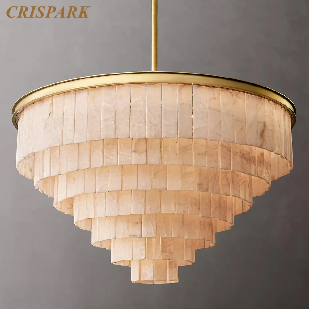 

Glace Calcite Round Chandelier Home Luxury Stone Pendant Hanging Light LED Multi-tier Marble Living Room Indoor Light Fixture