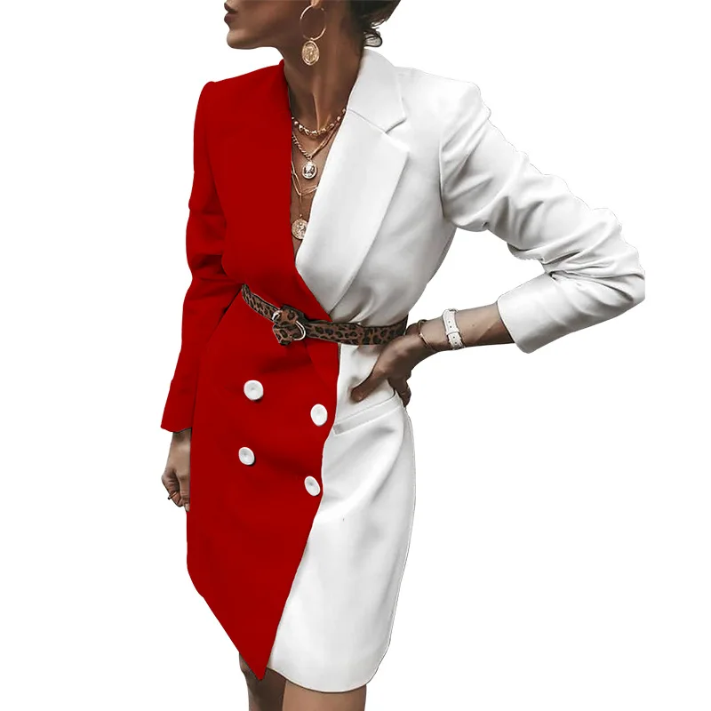 

Office Ladies Blazer Dress Women Suits With Belt Outerwear Women'S Jackets Long Sleeve Elegant Color Contrast Jacket Female