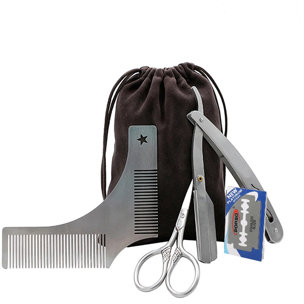 

Men Beard Grooming Kit Trimming Shaving Comb Set Mustache Scissors Shaping Shaver Safety Razor Beard Care Styling Tools