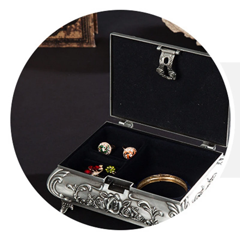 

Vintage Jewellery Case Fashion Jewelry Box Zinc-Alloy Metal Trinket Box Carved Flower Rose Square Shaped