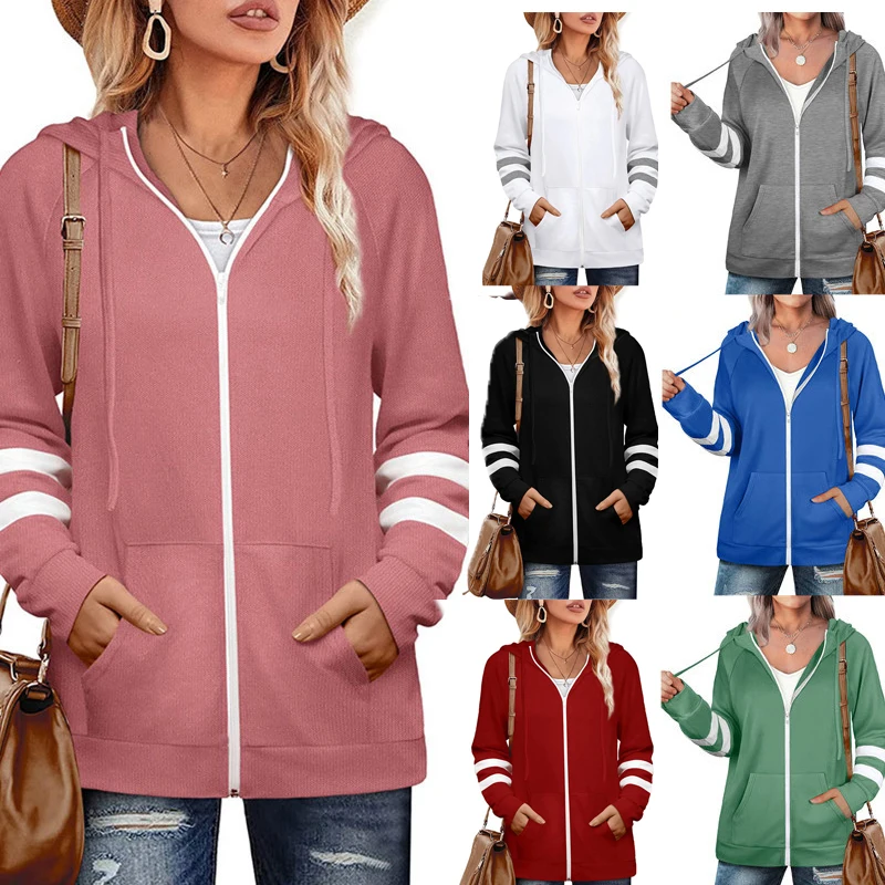 

Autumn Winter Zip Pocket Stripe Hooded Cardigan Long Sleeve Tops Solid Color Women's Casual Sports Coat Sweatshirt Women