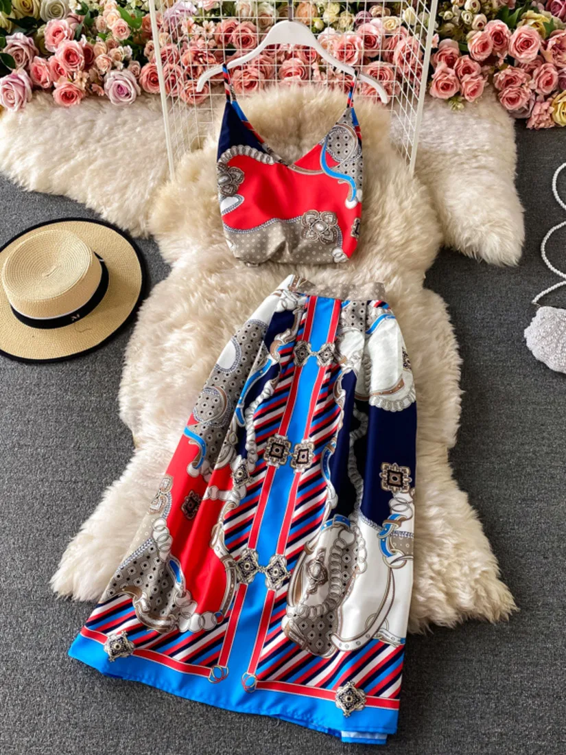 

2021 new Summer fashion girls set clothing holiday party sexy V-neck strap top + printed swing wrap skirt women two piece set