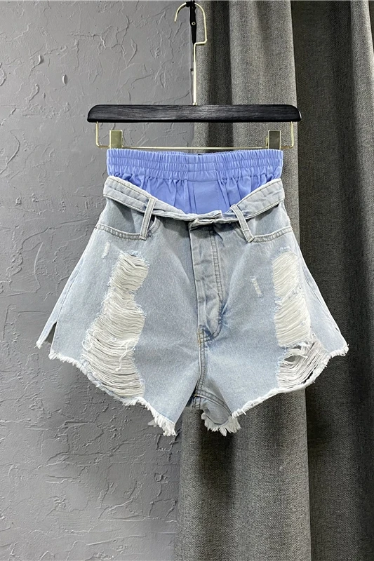 

Fashion Women's Wear 2021 Summer Wear Ripped Denim Shorts Cool Double Layer Waist Jean Shorts Lady A Line Denim Short Pants