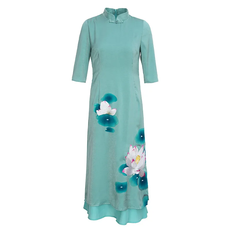 

Qipao Top Quality Dress 2021 Summer Plus Size Clothing Women Lotus Flower Print Half Sleeve Mid-Calf White Blue Vintage Dress