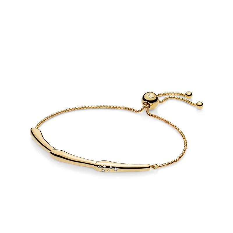 

Original 925 Sterling Silver Gold Shine Flower Stem Sliding adjust Bracelet Bangles for Women Beads Charm Jewelry Holiday Gift