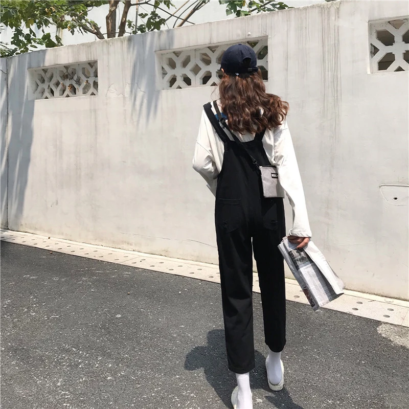 Women's Denim Jumpsuits Street Korean Preppy Style Wild Loose And Thin Nine Points Casual Pants Pocket Woman Denim Overalls