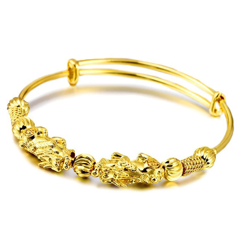 Двойной золотой браслет Pixiu для богатства в Ретро этническом стиле регулируемый