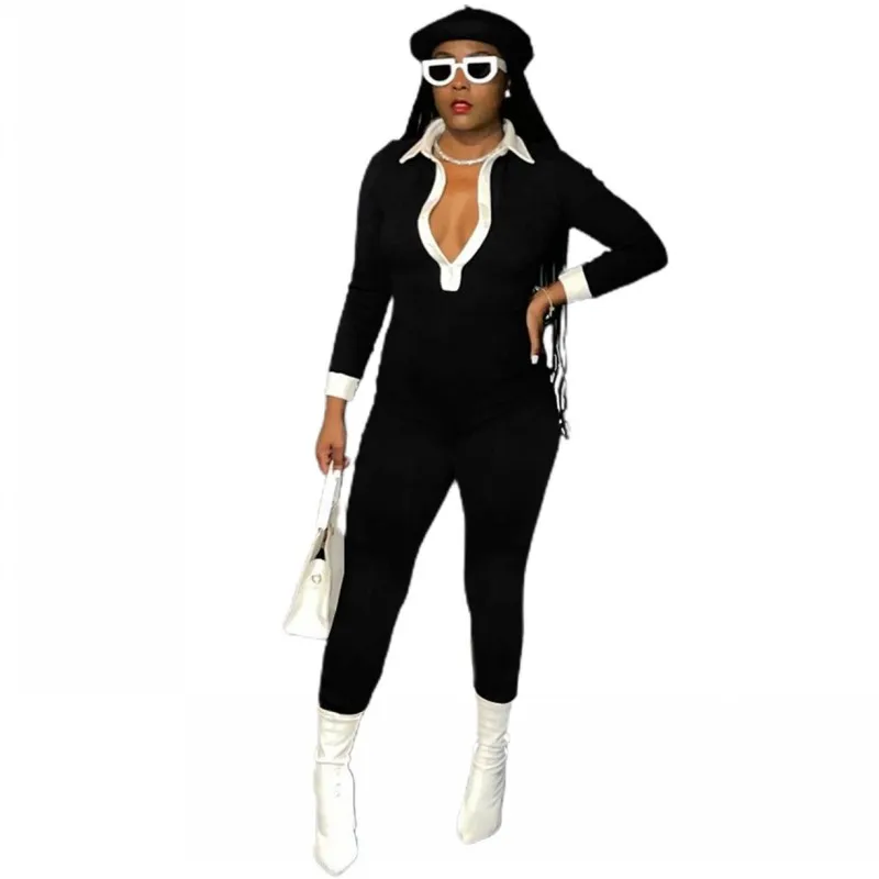 

Y2k Jumpsuit Women Playsuit Sexy Deep V Neck Full Sleeve Rompers 2021 Autumn New Patchwork Fashion Streetwear Jumpsuit Overalls