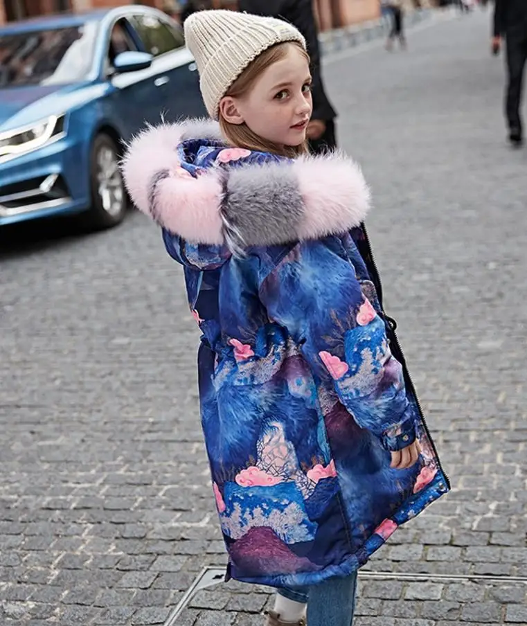 

Winter fashion children down coats thicker warm Windproof hooded print outerwear real fur collar parka kids down jackets Y2366