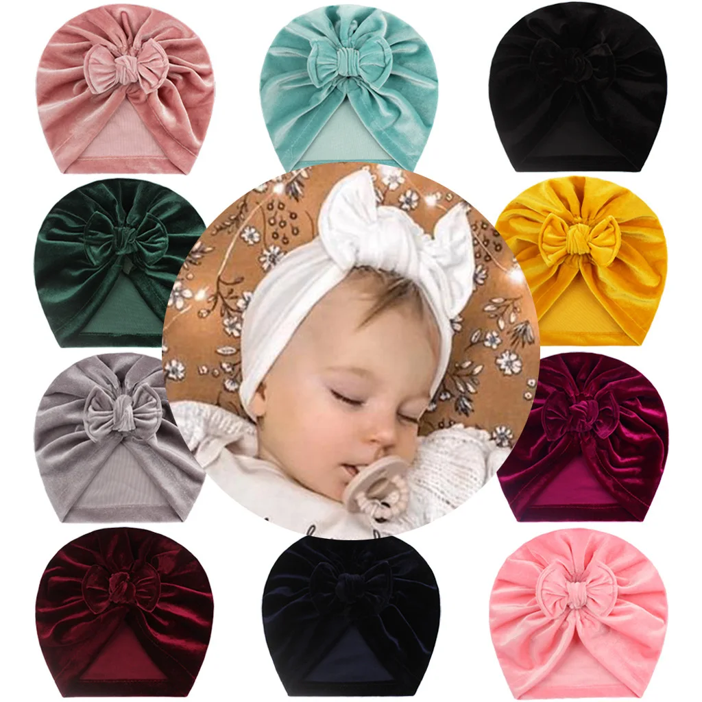 

Knotted Bow Headwear Baby Solid Color Indian Turban Newborn Toddler Kids Baby Boy Girl Warm Soft Cap